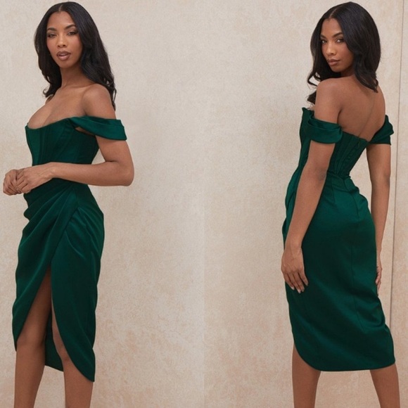 HOUSE OF CB ‘Loretta Emerald Green Off Shoulder Draped Corset Satin Dress NWOT L - Picture 11 of 12